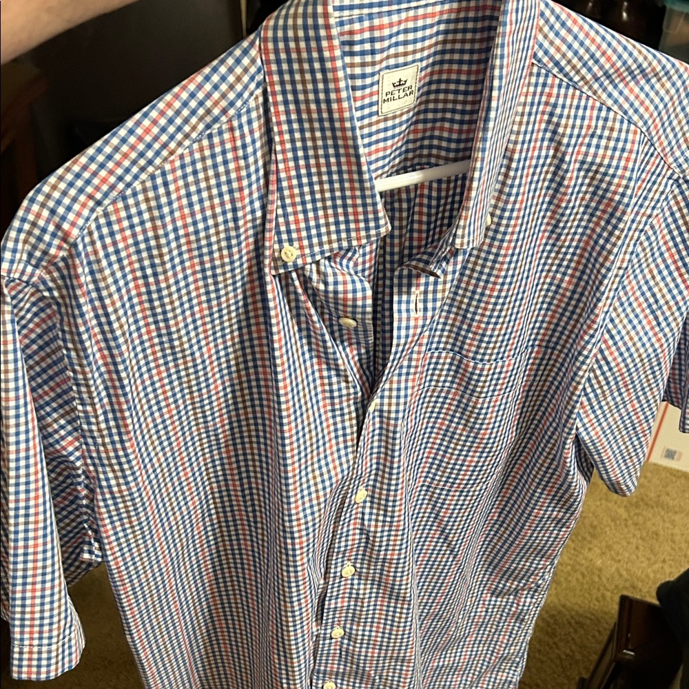 Peter Millar Men's Blue and Red Plaid Shirt